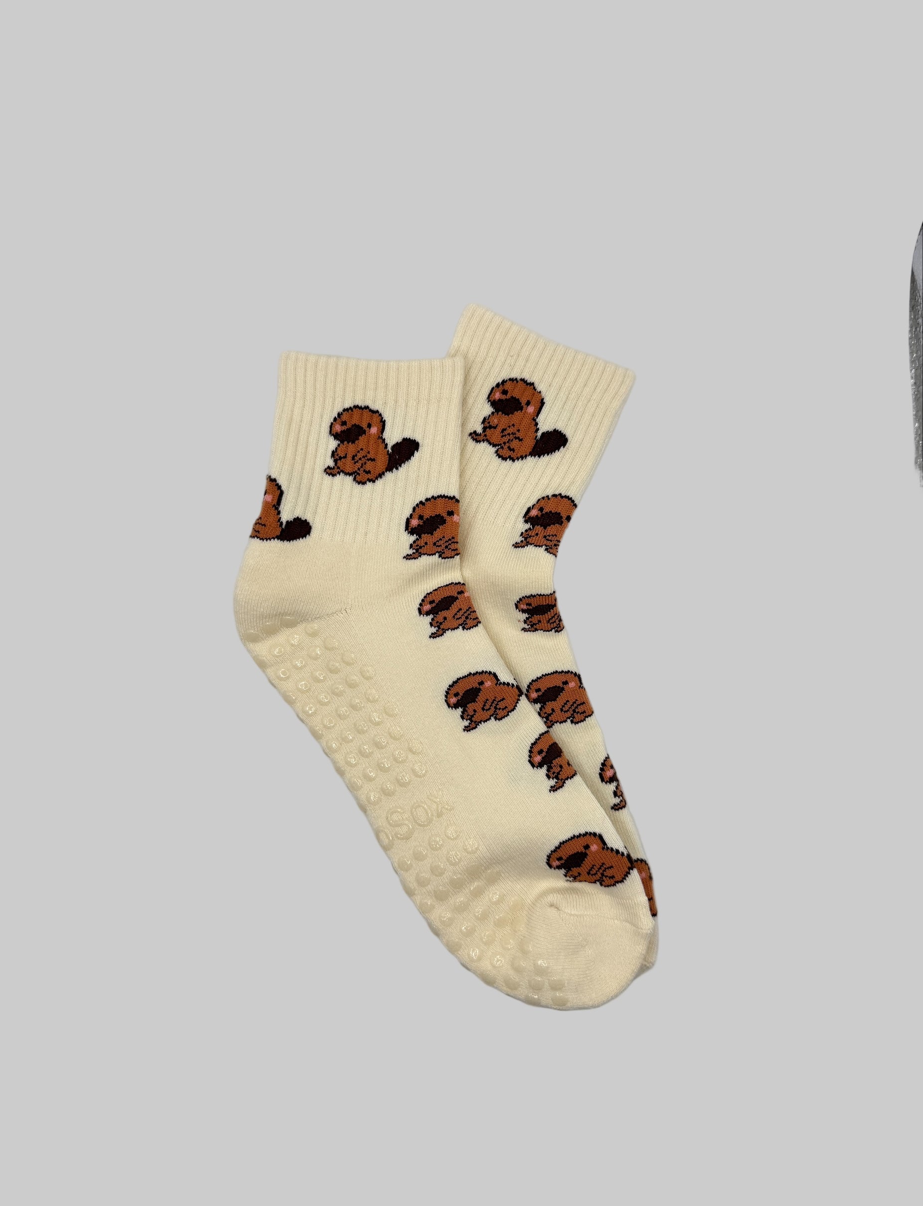 Cream White Grip Socks with Platypus Pattern