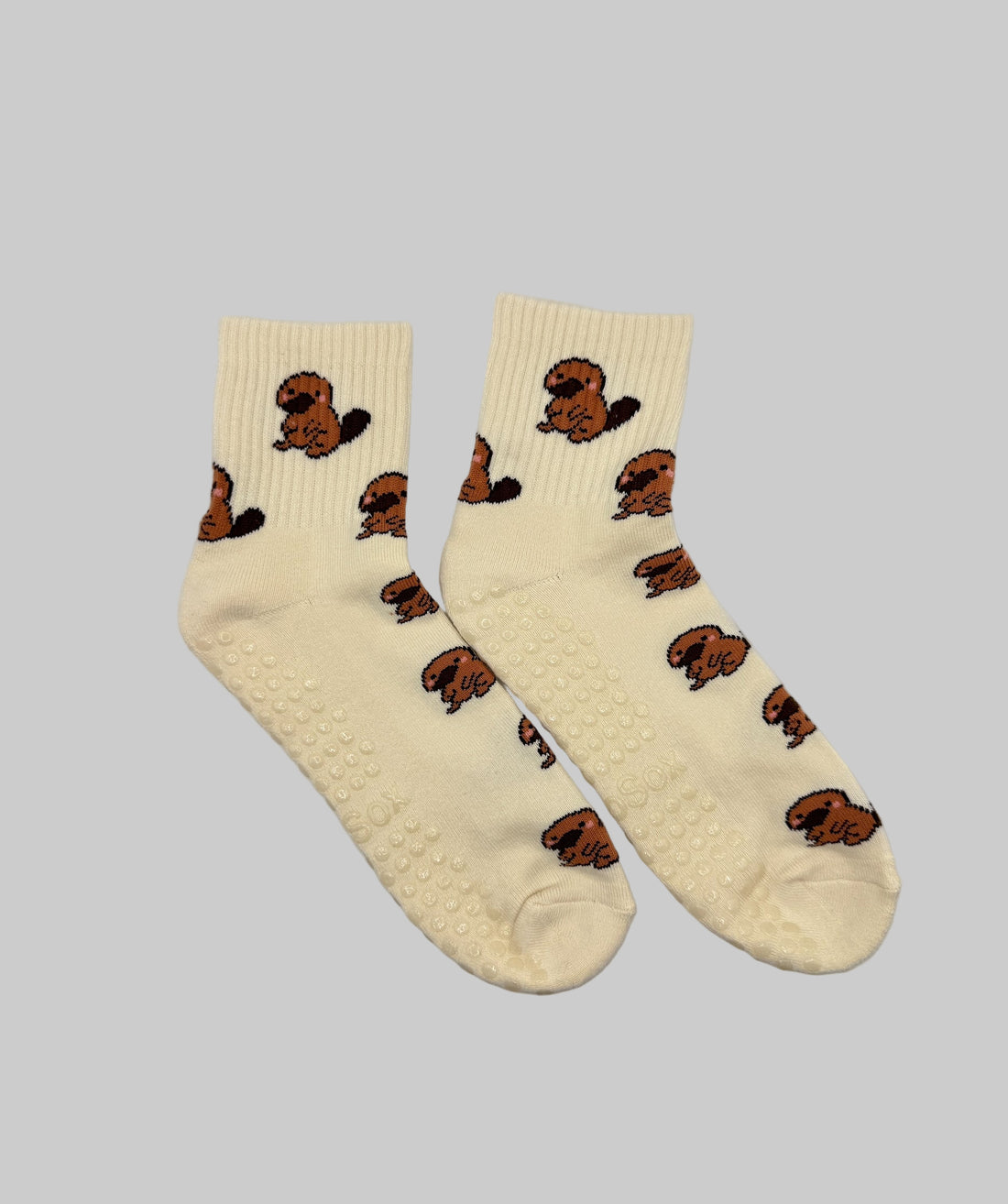 Cream White Grip Socks with Platypus Pattern