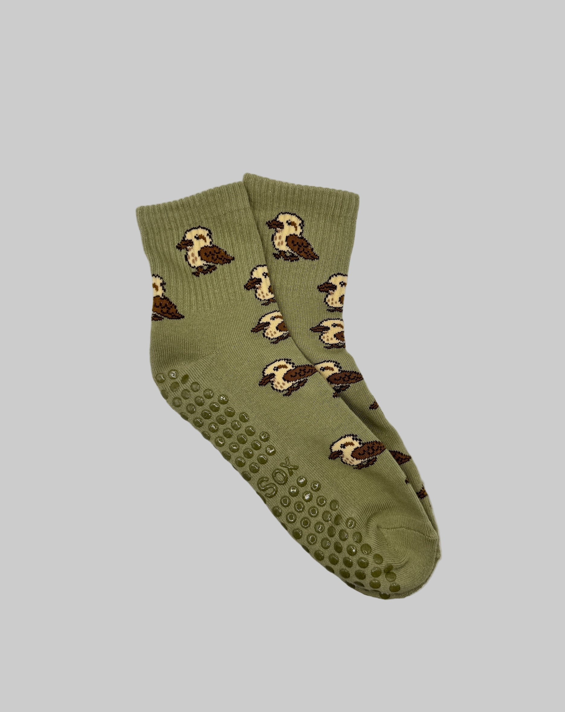 Olive Green Grip Socks with Kookaburra Bird Pattern