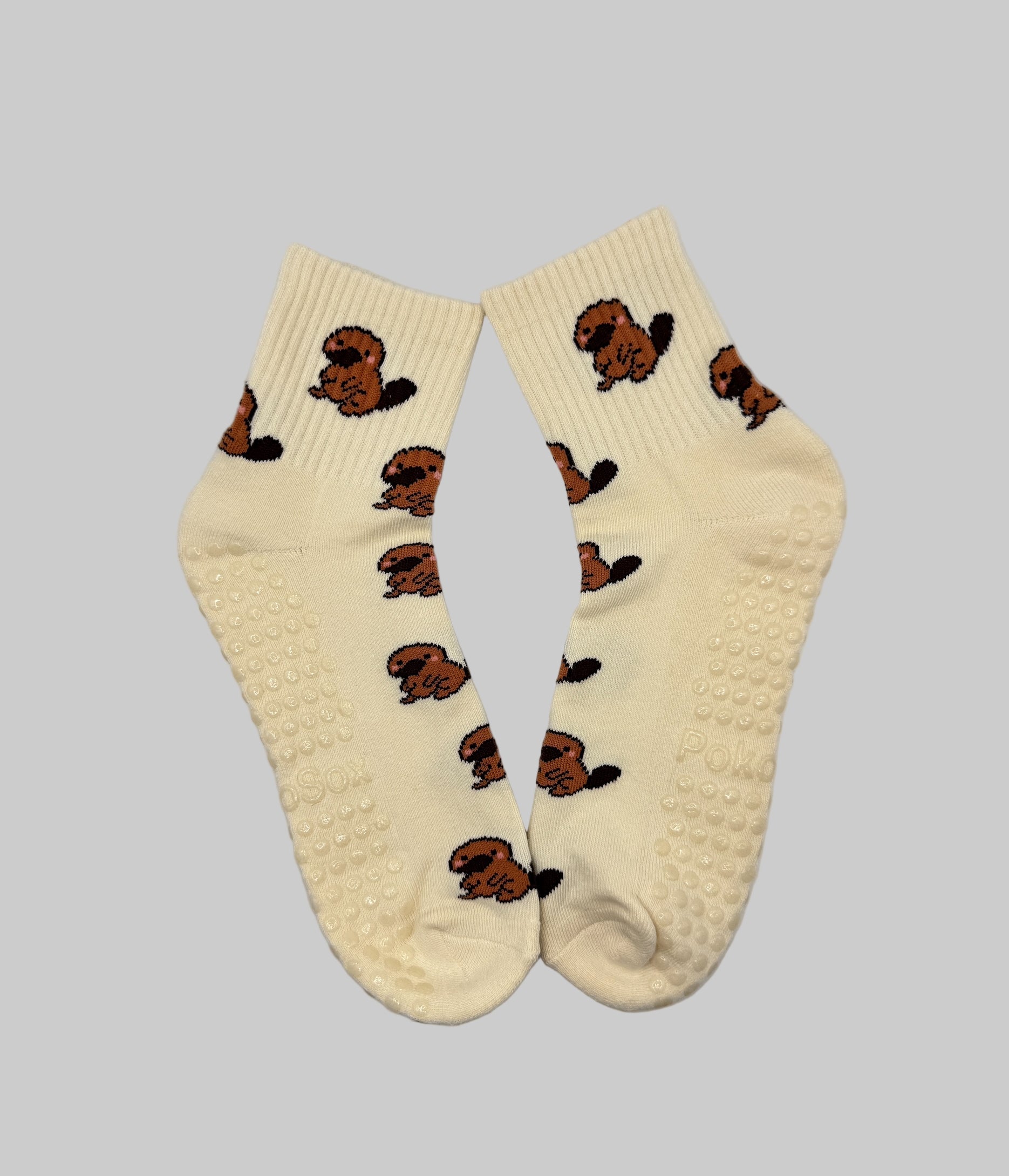 Cream White Grip Socks with Platypus Pattern