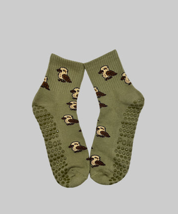 Olive Green Grip Socks with Kookaburra Bird Pattern